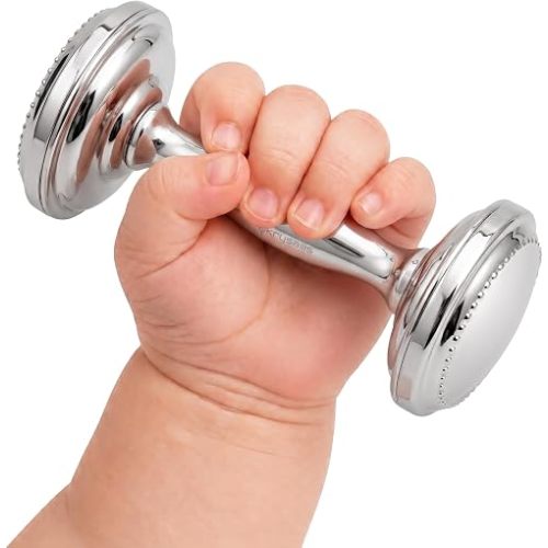 Krysaliis Beaded Dumbbell Rattle for Boy and Girl, Silver Plated