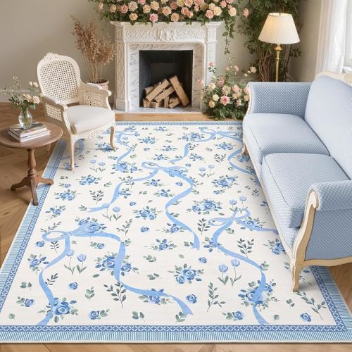 GarveeHome Floral Bow Rugs for Bedroom Girls, 5x7 Area Rugs for Living Room with Soft Low Pile, Non Slip Blue and White Washable Rug 5x7 for Nursery Kids Playroom Dining Room College Dorm Rug