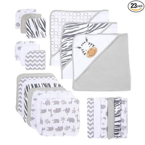 Spasilk 23-Piece Soft Terry Hooded Bath Towel and Washcloth Gift Set, 3 Baby Towels and 20 Baby Washcloths for Unisex Newborn Bath Essentials, Ideal, White Zebra