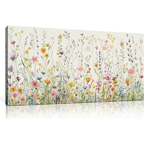 HPINUB Colorful Flower Framed Canvas Wall Art Set, Watercolor Daisy Floral Wall Decor, Wildflower Green Leaf Wall Painting, Multicolour Botanical Art Print for Living Room, Bedroom, Office - 20"x40"