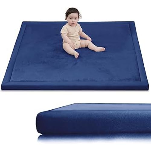 Baby Play Mat for Floor,1.3" Thick Elasti-Foam 50x50 Playpen Mat for Toddlers Infant Kids,Water-Repellent Soft Coral Velvet Tummy Time Non Slip Crawling,Tatami(Dark Blue)