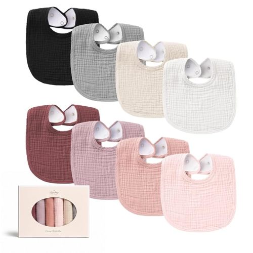 Konssy 8-Pack Muslin Baby Bibs, Adjustable Fit for Drooling and Teething