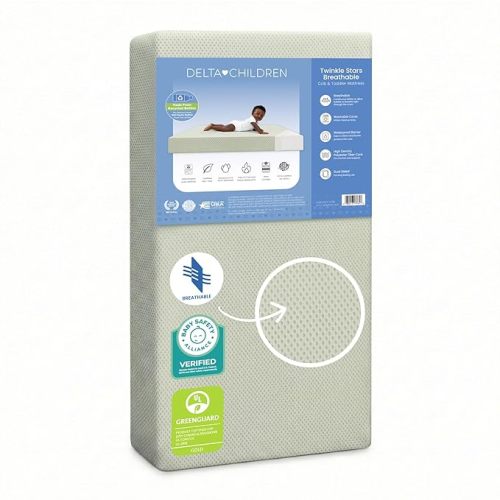 Delta Children Twinkle Stars Crib and Toddler Mattress with Breathable, Removable Machine-Washable Cover - GREENGUARD Gold - Waterproof Baby Bed - Sustainably Sourced Fiber Core - 52”Lx27.5”W, White