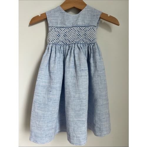 Elegant Italian Linen Cotton Blend Light Blue Girls' Smocked Sundress Size 12M