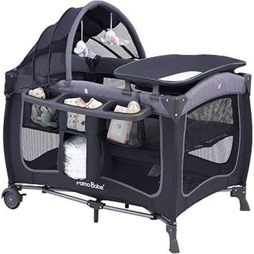Pamo Babe Baby Playard with Canopy, Portable Crib with Changing Table