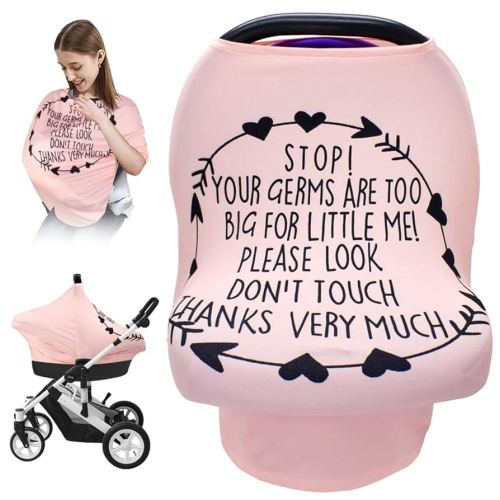 Nursing Breastfeeding Cover, Baby Car Seat Cover Infant Carseat Canopy,Versatile Stroller/High Chair/Shopping Cart/Carrier Covers, Newborn Boys Girls Shower Gift Registry Stuff-Stop No Touching Sign