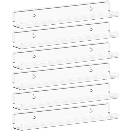 Lifewit Narrow Floating Shelves for Vinyl Record 6 Pack, 12" Clear Wall Shelves for Nail Polish/Book/Picture/Makeup, Acrylic Wall Display Shelf Organizer for Bedroom, Living Room, Bathroom Decor