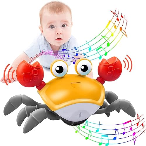 Crawling Crab Baby Toy, Tummy Time Gifts for Toddler & Newborn, Light-Up Walking Dancing Moving Crab with Music & Obstacle Avoidance, Infant Sensory Development Toy (Orange)