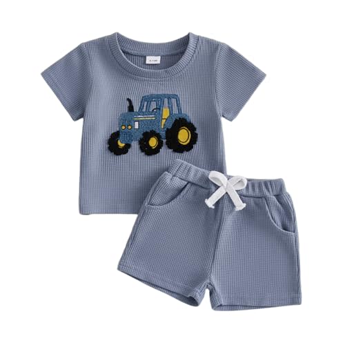 FYBITBO Toddler Baby Boy Clothes 6 12 18 24 Months 2T 3T 4T Summer Outfits Waffle Knit Short Sleeve Shirt Elastic Shorts Set