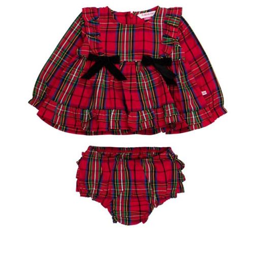 RuffleButts Baby Girls Woven Long Sleeve Waterfall Bow Swing Top & Bloomer Set - Red Nicholas Plaid, 0-3m