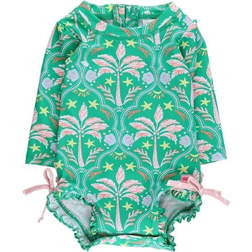 RuffleButts Baby Girls UPF 50+ Sun Protection Floral Printed Long Sleeve One Piece Rash Guard Swimsuit with Zipper