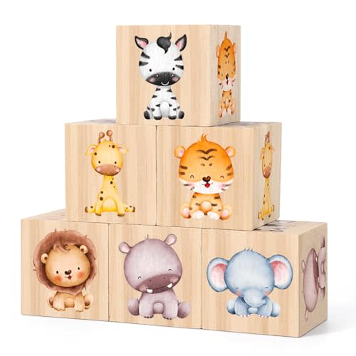 6 Pcs Safari Nursery Decor Wooden Jungle Animals Decoration Woodland Themed Nursery Shelf Decor for Boys Girls Bedroom Playroom Gifts Table Decoration