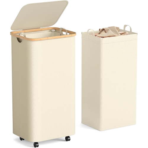 LazySpin 100L Laundry Basket with Wheels and Lid, Beige