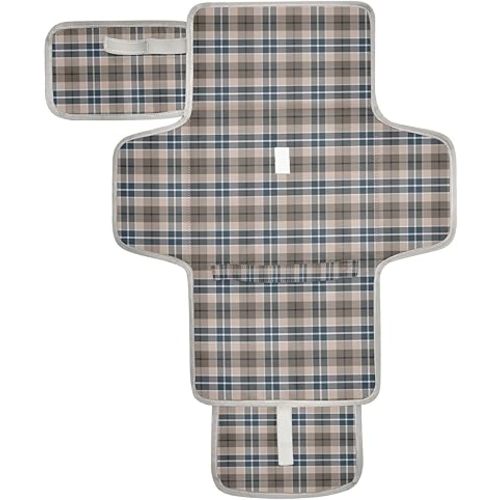 Brown Plaid Checkered Portable Diaper Changing Pad with Wipes Holder, Geometric Gingham Foldable Baby Diaper Changer Travel Bag Rustic Baby Changing Mat with Built-in Pillow for Newborn