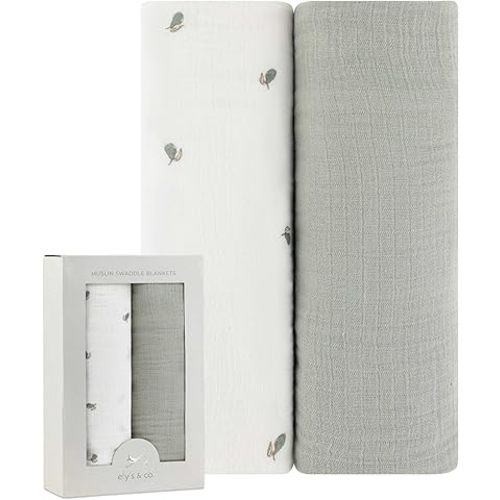 Ely's & Co. Muslin Swaddle Blanket 2-Pack — 100% Cotton Muslin Extra-Large Swaddle Blankets (47” x 47”) Solid + Printed (Sage Pear)