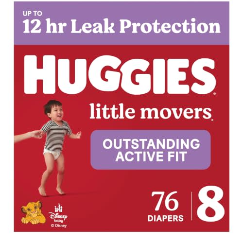 Huggies Little Movers Diapers Size 8, 76 Count (2 Packs of 38) | Double Grip Strips, Blowout Protection, Secure Flexible Fit, Up to 12-Hour Protection, Dry Touch Liner, Wetness Indicator
