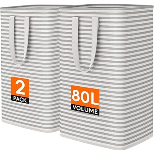 Lifewit 2 Pack Laundry Basket 80L Each, Collapsible Clothes Hamper with Reinforced Handles, Freestanding Waterproof Design for Bedroom and Laundry Room, Grey 160L Total
