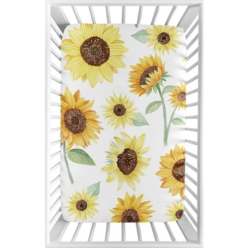 Sweet Jojo Designs Yellow, Green and White Sunflower Boho Floral Girl Baby Nursery Fitted Mini Portable Crib Sheet for Mini Crib or Pack and Play ONLY - Farmhouse Watercolor Flower