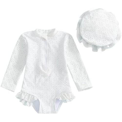 Yccutest Toddler Girl Solid Swimsuit Baby Long Sleeve Rash Guard Bathing Suit Girl One Piece Hollow Out Swimwear with Sun Hat