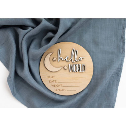 Wooden Announcement Plaque - Hello Moon & Stars