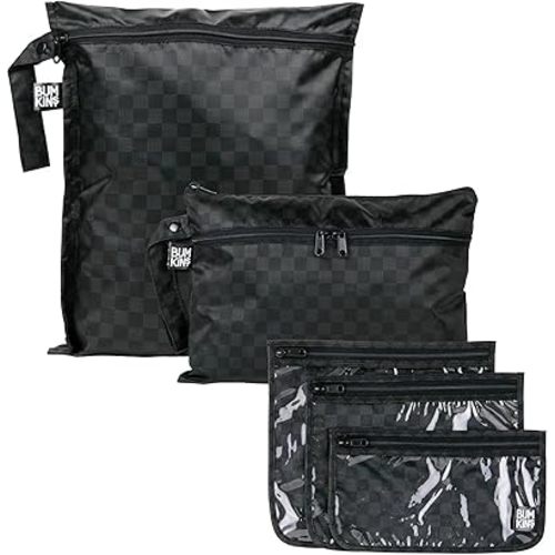 Bumkins - Waterproof Wet Bag, Wet/Dry Clutch & Clear Travel Bags - For Beach, Baby, Travel, Cloth Diapers, Pump Parts, Pool, Gym, Toiletries - Reusable & Easy to Clean - Black Check - 5 Pack