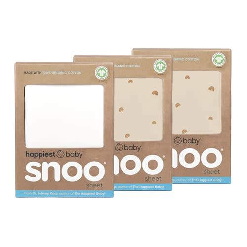 Happiest Baby SNOO Bassinet Fitted Sheet - 100% Organic Cotton Nursery Bedding - Fits SNOO Sleeper Crib Mattress - 3-Pack Bundle (Tab Rainbows (2), Ivory (1))