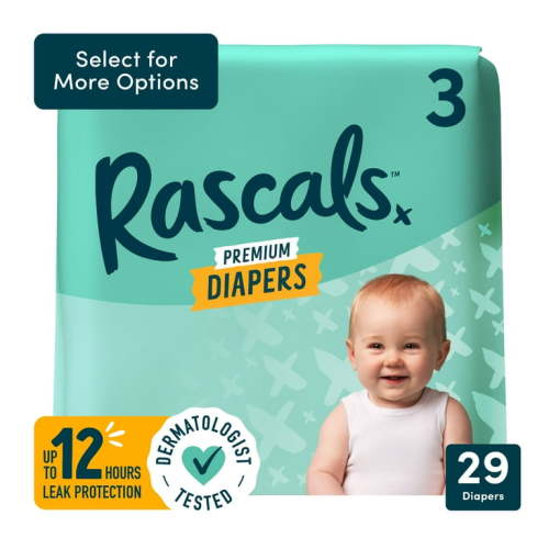 Rascal + Friends Dermatest Certified Premium Diapers Size 3, 29 Count with 12 Hour Leak Protection and Unique 3D Core