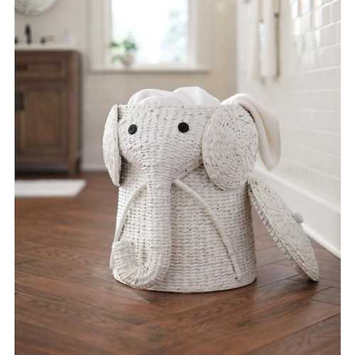 Elephant White Woven Wicker Round Laundry Room Hamper Basket with Lid (16&quot; W)