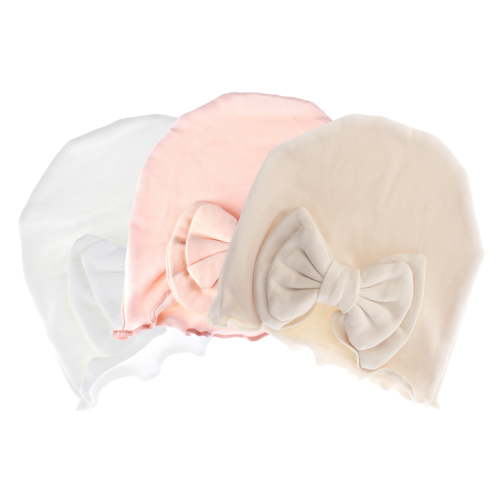Vintage Baby Ruffle Bow Cotton Beanie Hat (Newborn-3mo) - Variety Pack A (White/Pink Blush/Natural)