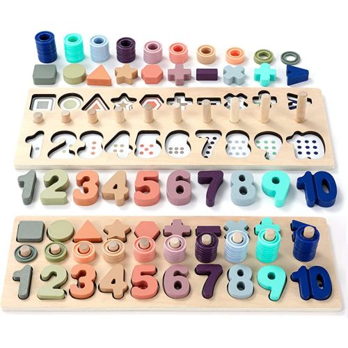 BEKILOLE Wooden Number Puzzle for Toddler Activities - Montessori Toys for Toddlers Shape Sorting Counting Game for Age 3 4 5 Year olds Kids - Preschool Math Learning Toys for Toddlers