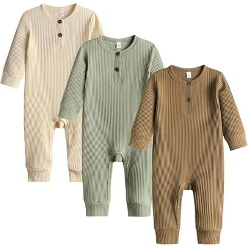 Bafeicao Baby Boy Girl 3 Pack Solid Romper Ribbed Long Sleeve