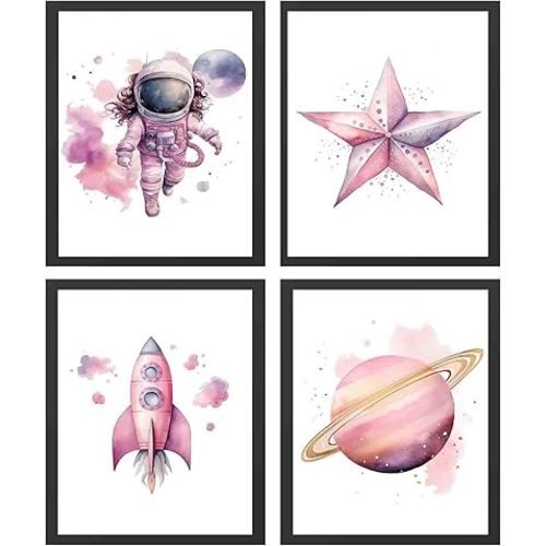 MOCVSWO Watercolor Space Nursery Wall Art Prints,Pink Outer Space Wall Art Poster for Kids Room Decor Girl Bedroom Decor Classroom Decorations,Set Of 4 (8X10inch,Unframed).