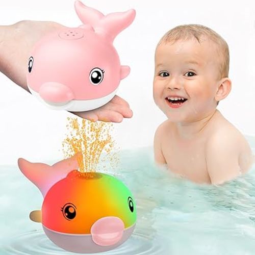 Bath Toys, Light Up Dolphin Baby Bath Toys for Babies 6-12 12-18 Months, Rechargeable Sprinkler Musical Toys, Easter Basket Stuffers Bathtub Toys for Toddlers 1-3 2-4 Boys Girls Infant Kids- Pink