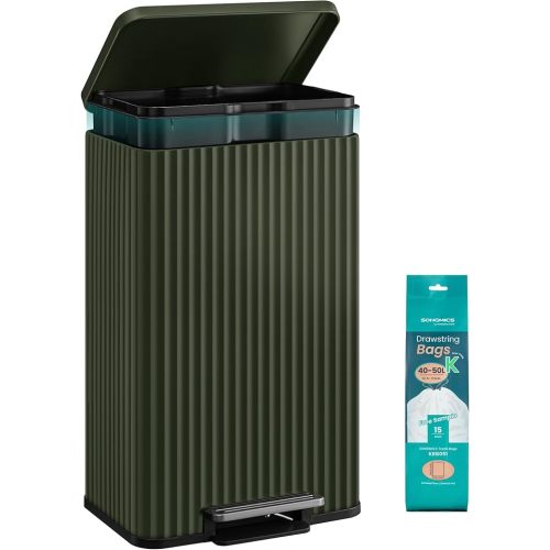SONGMICS Trash Can, 13 Gallon (50 L) Garbage Can for Kitchen, with Lid, Pedal, and Removable Inner Bucket, Soft Close, Stainless Steel, 15 Trash Bags (Code K) Included, Brown ULTB586MZ01