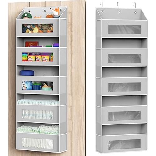 Simple Houseware Large Heavy Duty Over the Door Organizer with 5 Clear Window Pockets, 45 lbs Capacity for Pantry, Closet, Bathroom, Gray