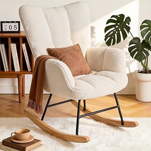 NEWBULIG Glider Rocking Chair, Ergonomic High Backrest Teddy Fabric Chair with Padded Seat, Comfort Reading Rocker with Contoured Armrests for Living Room, Bedroom, Beige
