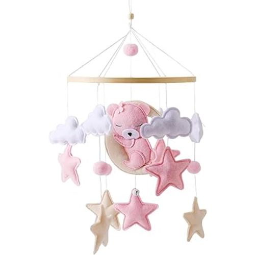 Baby Crib Mobile - Pink Bear Mobile for Crib, Felt Cloud Nursery for Boys and Girls - for Infant Bedroom Hanging Decoration