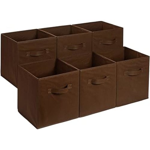 Amazon Basics Cube Organizer Storage Bins Handles, Collapsible Fabric, Pack of 6, 13"x13"x13", Brown