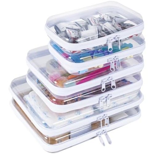 Sanlykate Clear Hard Shell Zipper Case Set of 6 Pcs (2S+2M+2L), Waterproof Stackable Lightweight Hard Shell Zipper Bags, Transparent Travel Storage Organizer for Full Set of Toiletries & Electronics