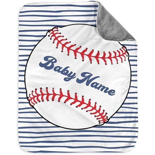 NICTIMEID Personalized Minky Baby Blanket with Name for Boy Girl, Customized Baseball Blanket for Kids, Ball and Stripes