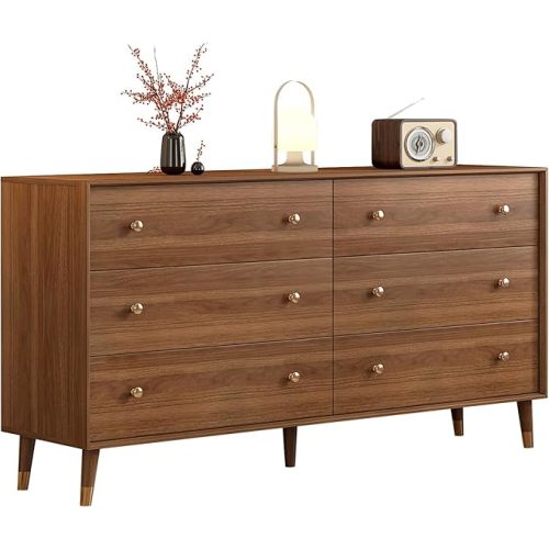 Mid Century Modern 6-Drawer Dresser, 55 Inch Wide Solid Wood Frame Chest, Walnut Finish, Beveled Design, Heavy-Duty Drawer Glides, Storage Cabinet for Bedroom, Living Room, TV Stand