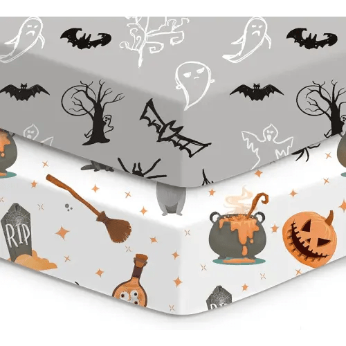Halloween Baby Crib Sheets, Fitted Crib Sheet for Standard Crib and Toddler Mattress, Pumpkin, Black Cat, Bat, Witchy