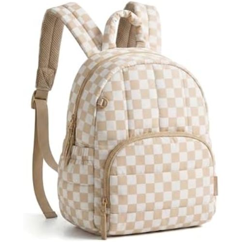 BAGSMART Mini Backpack for Women, Lightweight Puffer Small Backpack Purse, Quilted Casual Travel Daypack, Cute Water-Resistant Bookbag for Daily, Brown Checkered