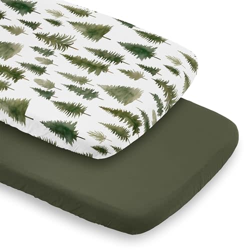 Sweet Jojo Designs 2-Piece Baby Bassinet Sheets Set (Sage Green Woodland) for Girls/Boys, Infant Newborn Nursery, Oval, Rectangle & Hourglass Mattress (Solid Hunter & Forest Themed, Nature, Pine Tree)