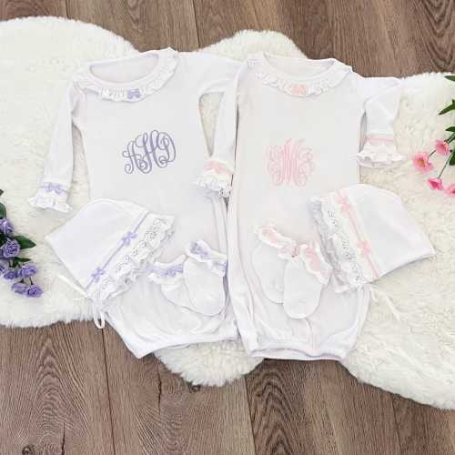 Newborn Girl Outfit, Lace Bow Gown, Bonnet and Socks, Personalized Monogram