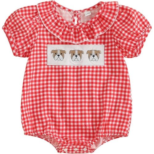 Newborn Baby Boy Girl Football Outfit Plaid Short Sleeve Bulldogs Tiger Embroidery Bubble Romper Game Day Jumpsuit