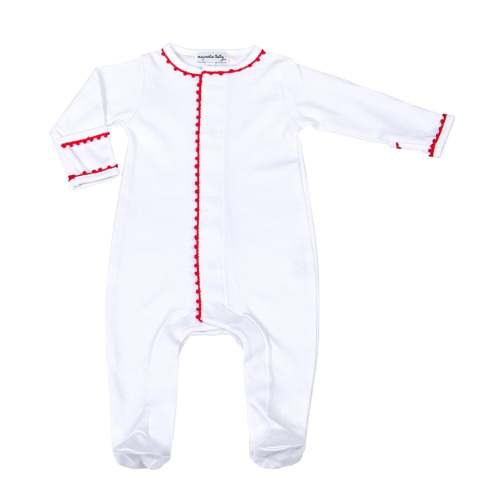 Baby Christmas Footie - Pima Cotton Baby Joy with Red Crochet Trim – Magnolia Baby
