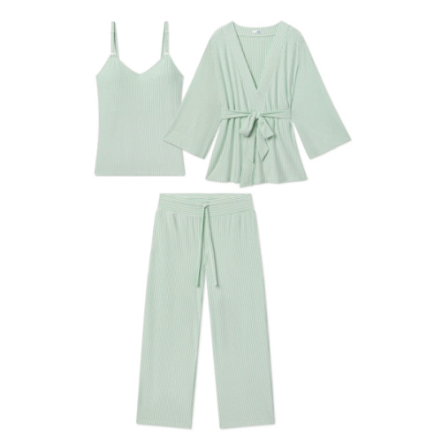 LAKE | Women | DreamModal Pajamas | Parisian Green Pencil Stripe Maternity Kimono Bundle