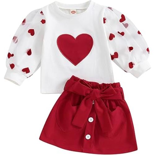 SAYOO Toddler Baby Girl Valentines Outfit LOVE Embroidery Heart Sweatshirt Top A-line Skirt Plush Ball Spring Clothes