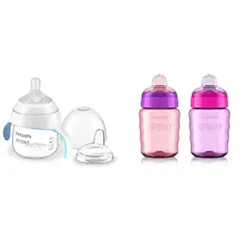 Philips Avent Sippy Cup Bundle with Natural Trainer Cup with Natural Response Nipple, 5 Ounce, 1 Pack + My Easy Sippy Cup, 9 Ounce, 2 Pack, Pink/Purple
